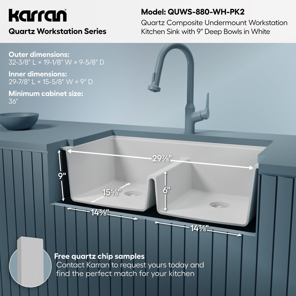 32" Undermount Double Bowl Quartz Kitchen Sink Kit In White