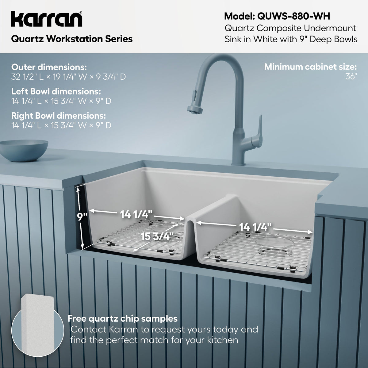 32-1/2" Undermount Double Equal Bowl Quartz Composite Workstation Kitchen Sink In White