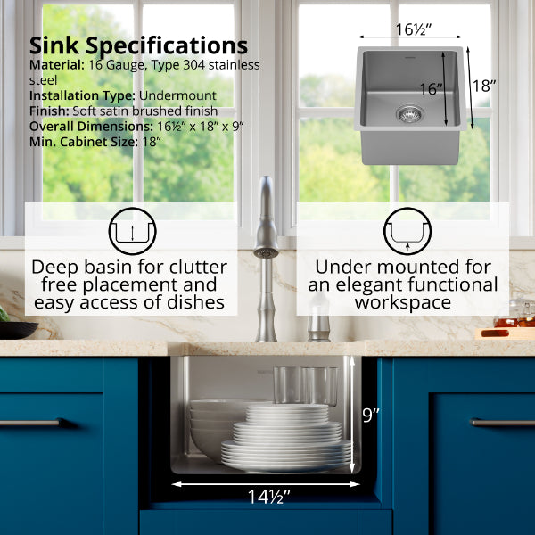 Select 17" Undermount 16 Gauge Single Bowl Stainless Steel Kitchen Sink with Accessories