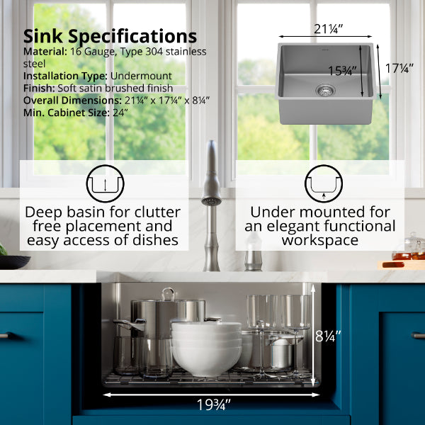 Select 21" Undermount 16 Gauge Single Bowl Stainless Steel Kitchen Sink with Accessories