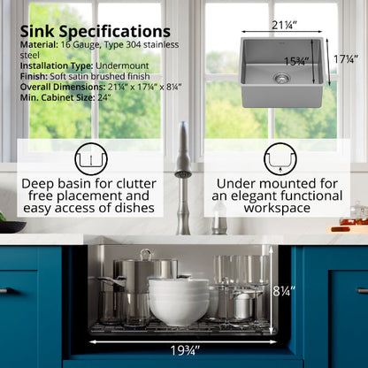 Select 21" Undermount 16 Gauge Single Bowl Stainless Steel Kitchen Sink with Accessories