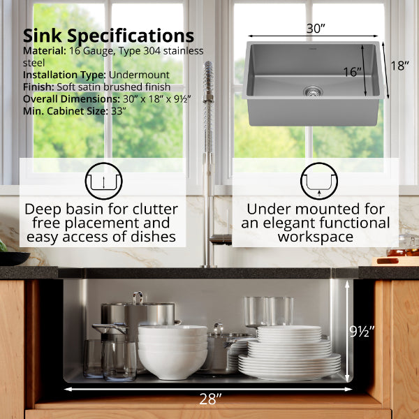 Select 30" Undermount 16 Gauge Single Bowl Stainless Steel Kitchen Sink with Accessories