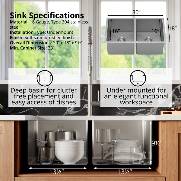 Select 30" Undermount 16 Gauge Double Bowl Stainless Steel Kitchen Sink with Accessories