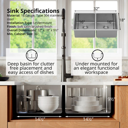 Select 32" Undermount 16 Gauge Double Bowl Stainless Steel Kitchen Sink with Accessories