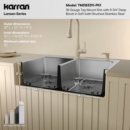Lansen 33" Top Mount 18 Gauge Double Bowl Stainless Steel Sink with Accessories