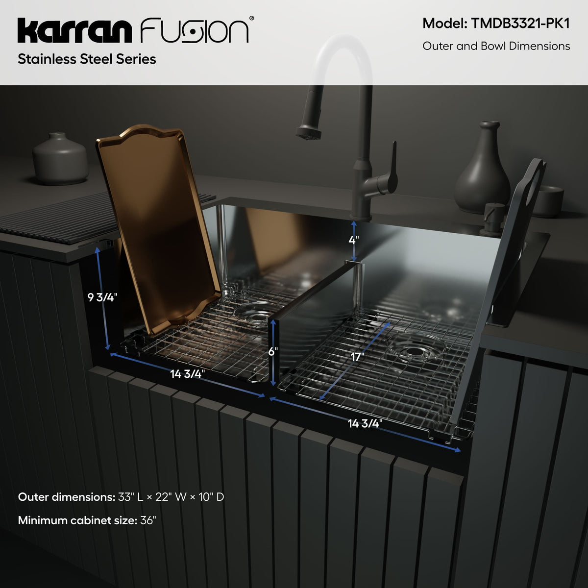 Fusion 33" Top Mount 16 Gauge Double Bowl Stainless Steel Sink with Accessories