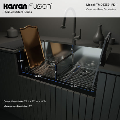 Fusion 33" Top Mount 16 Gauge Double Bowl Stainless Steel Sink with Accessories
