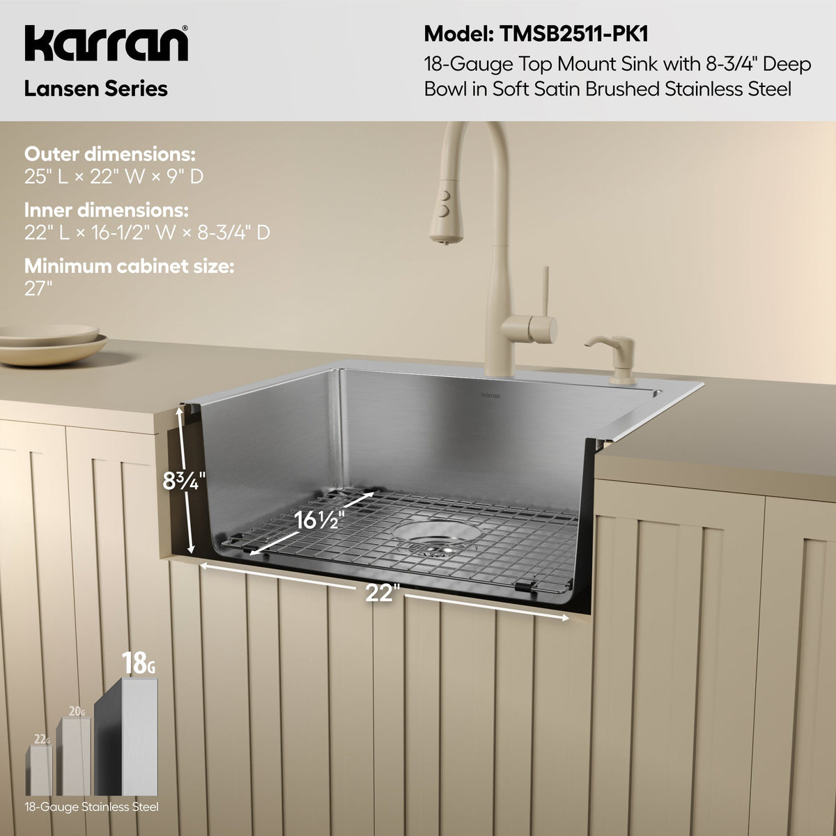Lansen 25" Top Mount 18 Gauge Single Bowl Stainless Steel Sink with Accessories