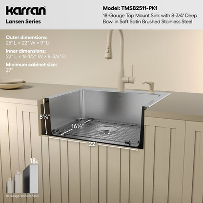 Lansen 25" Top Mount 18 Gauge Single Bowl Stainless Steel Sink with Accessories