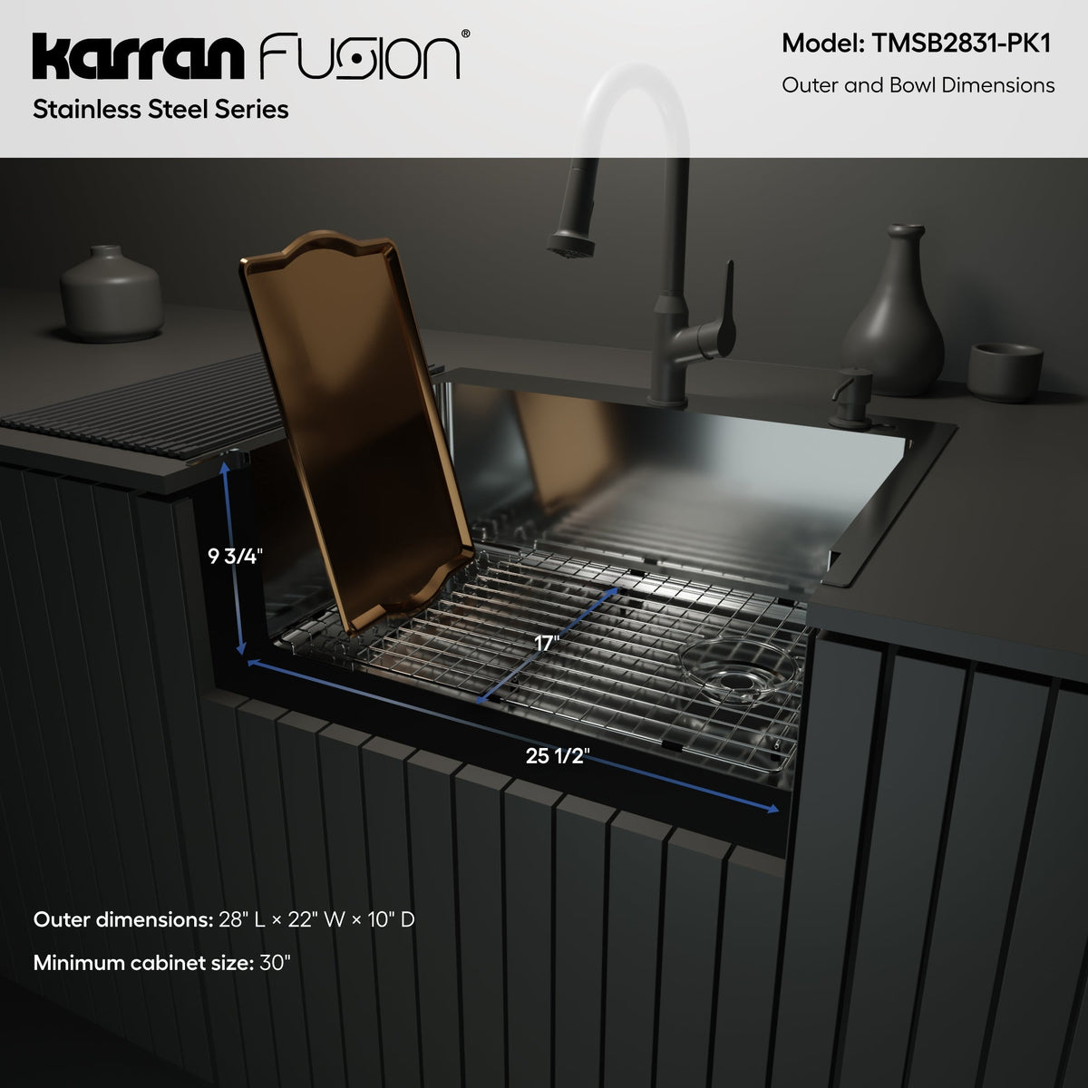 Fusion 28" Top Mount 16 Gauge Single Bowl Stainless Steel Sink with Accessories