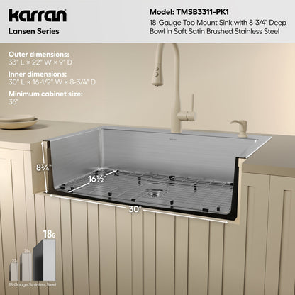 Lansen 33" Top Mount 18 Gauge Single Bowl Stainless Steel Sink with Accessories