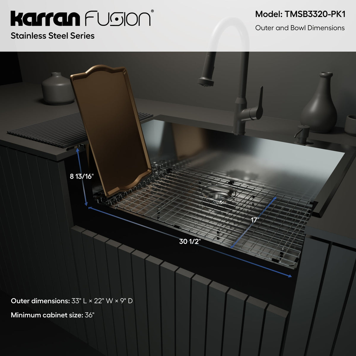 Fusion 33" Top Mount 18 Gauge Single Bowl Stainless Steel Sink with Accessories