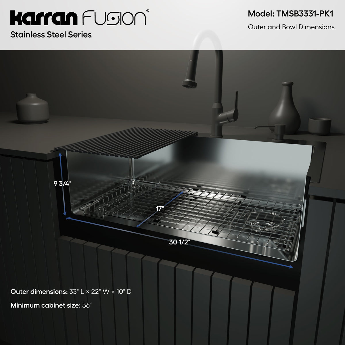 Fusion 33" Top Mount 16 Gauge Single Bowl Stainless Steel Sink with Accessories