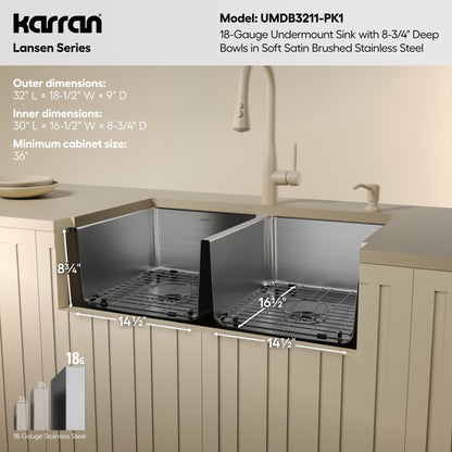 Lansen 32" Undermount 18 Gauge Double Equal Bowl Stainless Steel Sink with Accessories