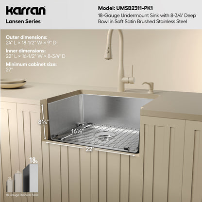 Lansen 24" Undermount 18 Gauge Single Bowl Stainless Steel Sink with Accessories