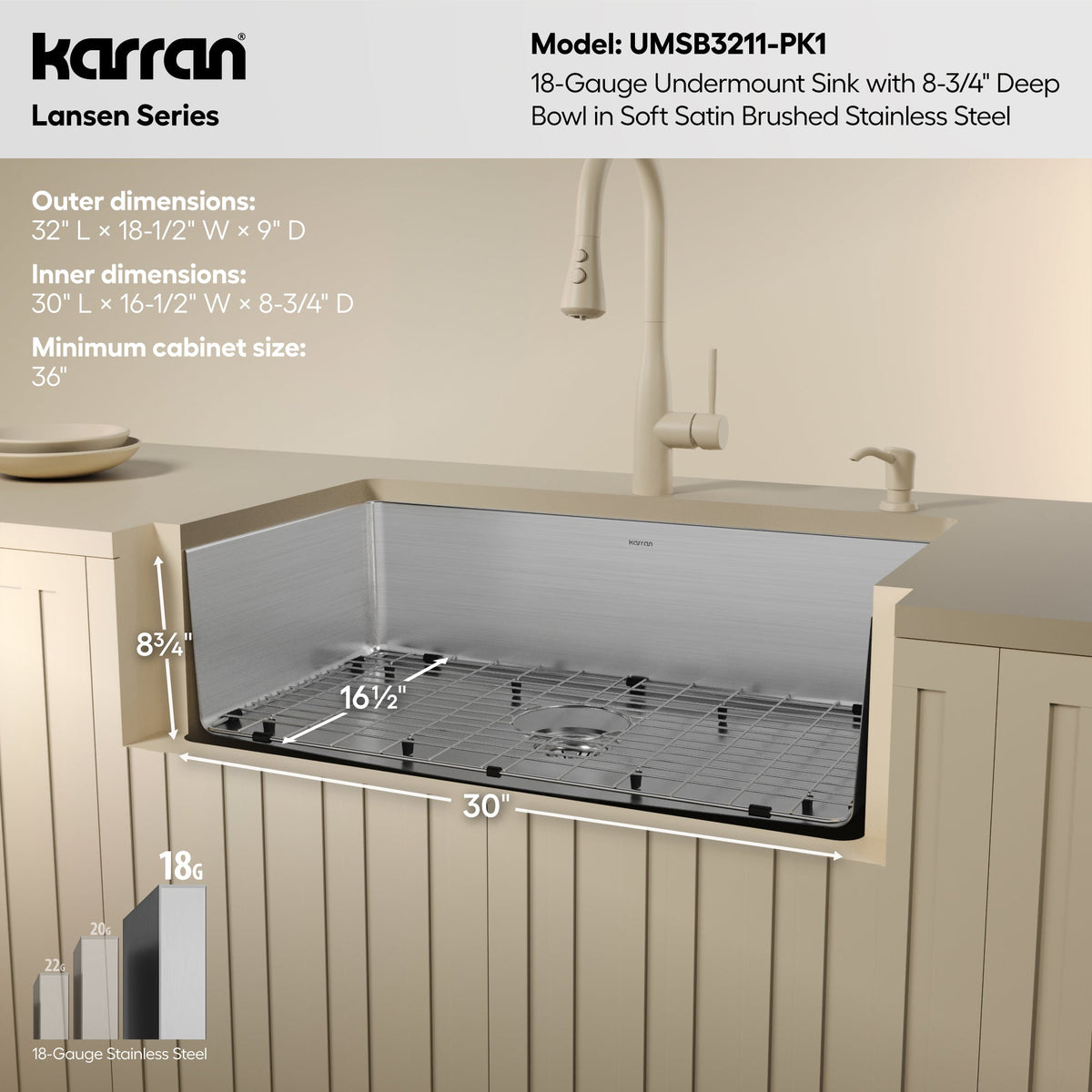 Lansen 32" Undermount 18 Gauge Single Bowl Stainless Steel Sink with Accessories