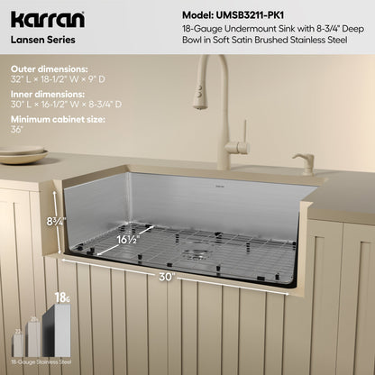 Lansen 32" Undermount 18 Gauge Single Bowl Stainless Steel Sink with Accessories