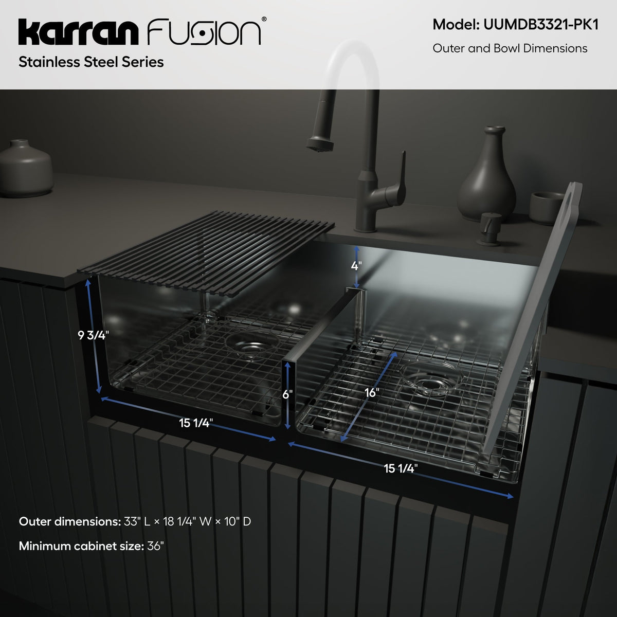 Fusion 33" Undermount 16 Gauge Double Bowl Stainless Steel Sink with Accessories