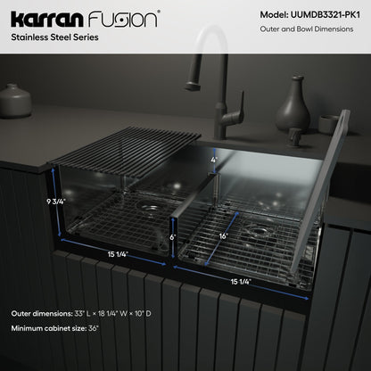 Fusion 33" Undermount 16 Gauge Double Bowl Stainless Steel Sink with Accessories