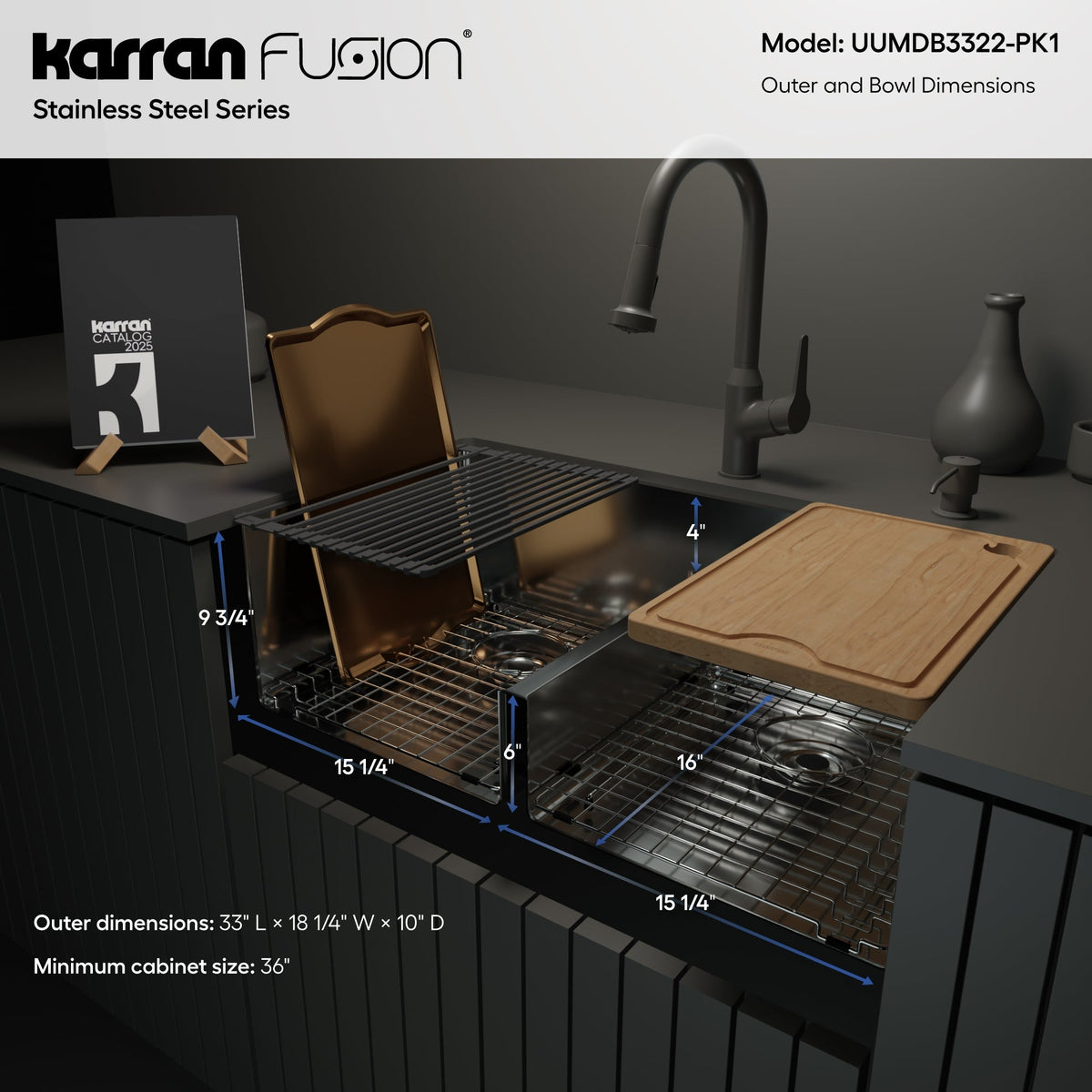 Fusion 33" Undermount Workstation 16 Gauge Double Bowl Stainless Steel Sink with Accessories