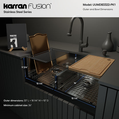 Fusion 33" Undermount Workstation 16 Gauge Double Bowl Stainless Steel Sink with Accessories