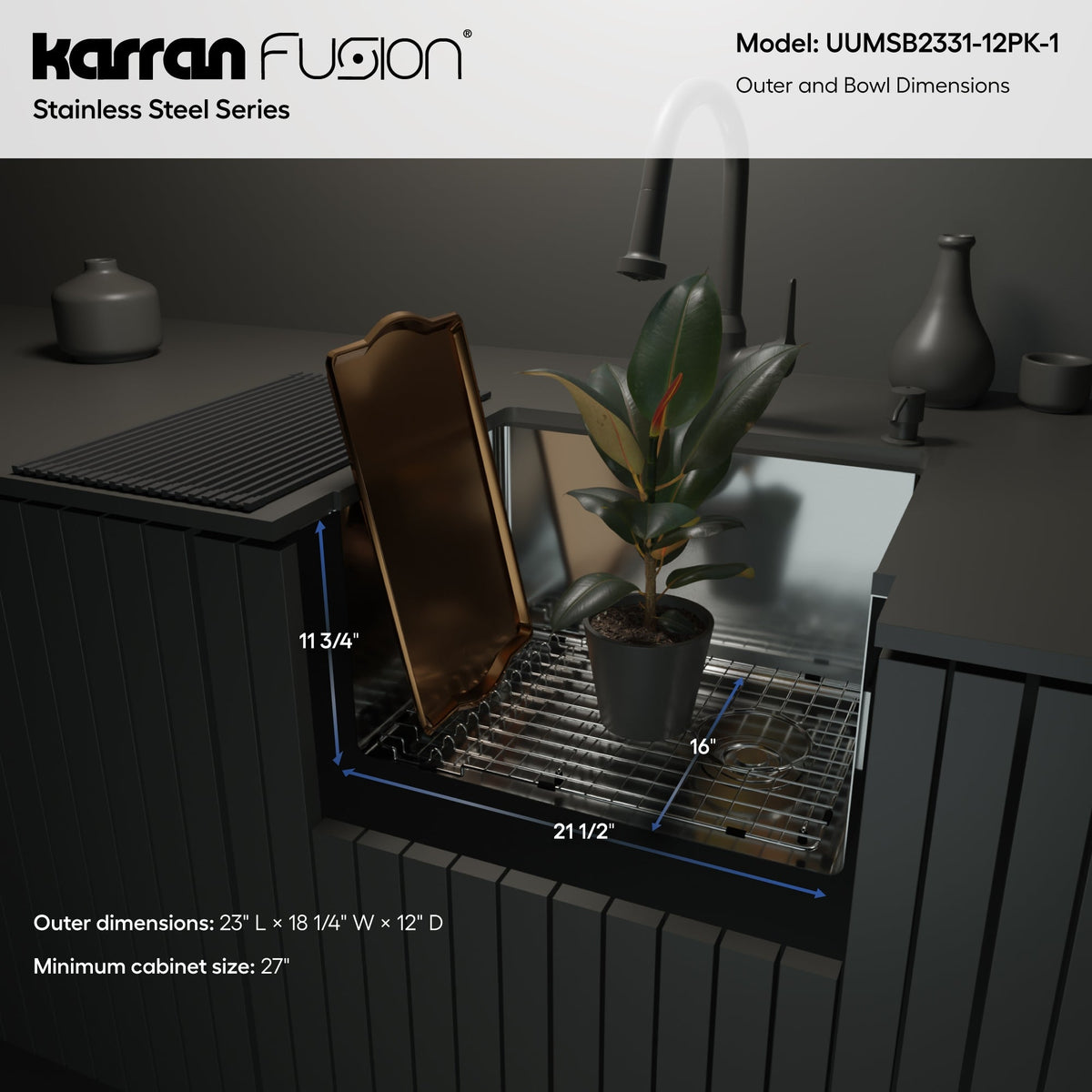 Fusion 23" Undermount 16 Gauge Single Bowl Laundry/Utility Stainless Steel Sink with Accessories