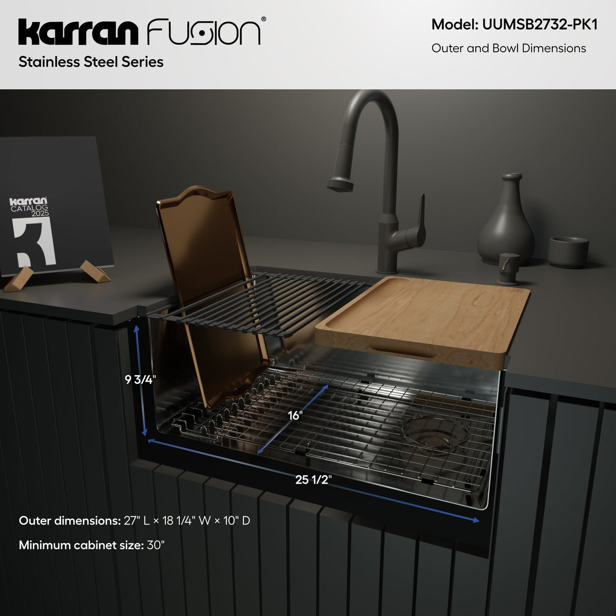 Fusion 27" Undermount Workstation 16 Gauge Single Bowl Stainless Steel Sink with Accessories
