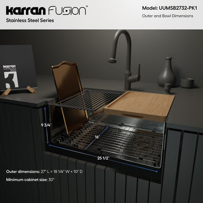 Fusion 27" Undermount Workstation 16 Gauge Single Bowl Stainless Steel Sink with Accessories