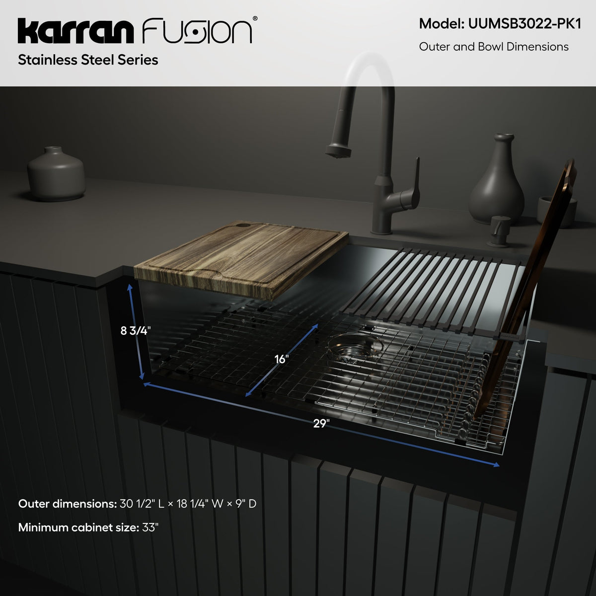 Fusion 31" Undermount Workstation 18 Gauge Single Bowl Stainless Steel Sink with Accessories