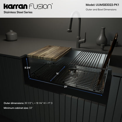 Fusion 31" Undermount Workstation 18 Gauge Single Bowl Stainless Steel Sink with Accessories