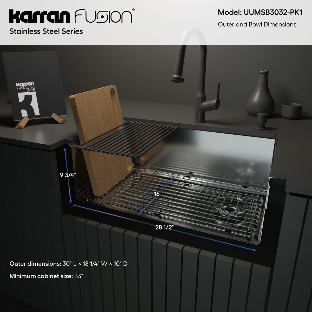 Fusion 30" Undermount Workstation 16 Gauge Single Bowl Stainless Steel Sink with Accessories