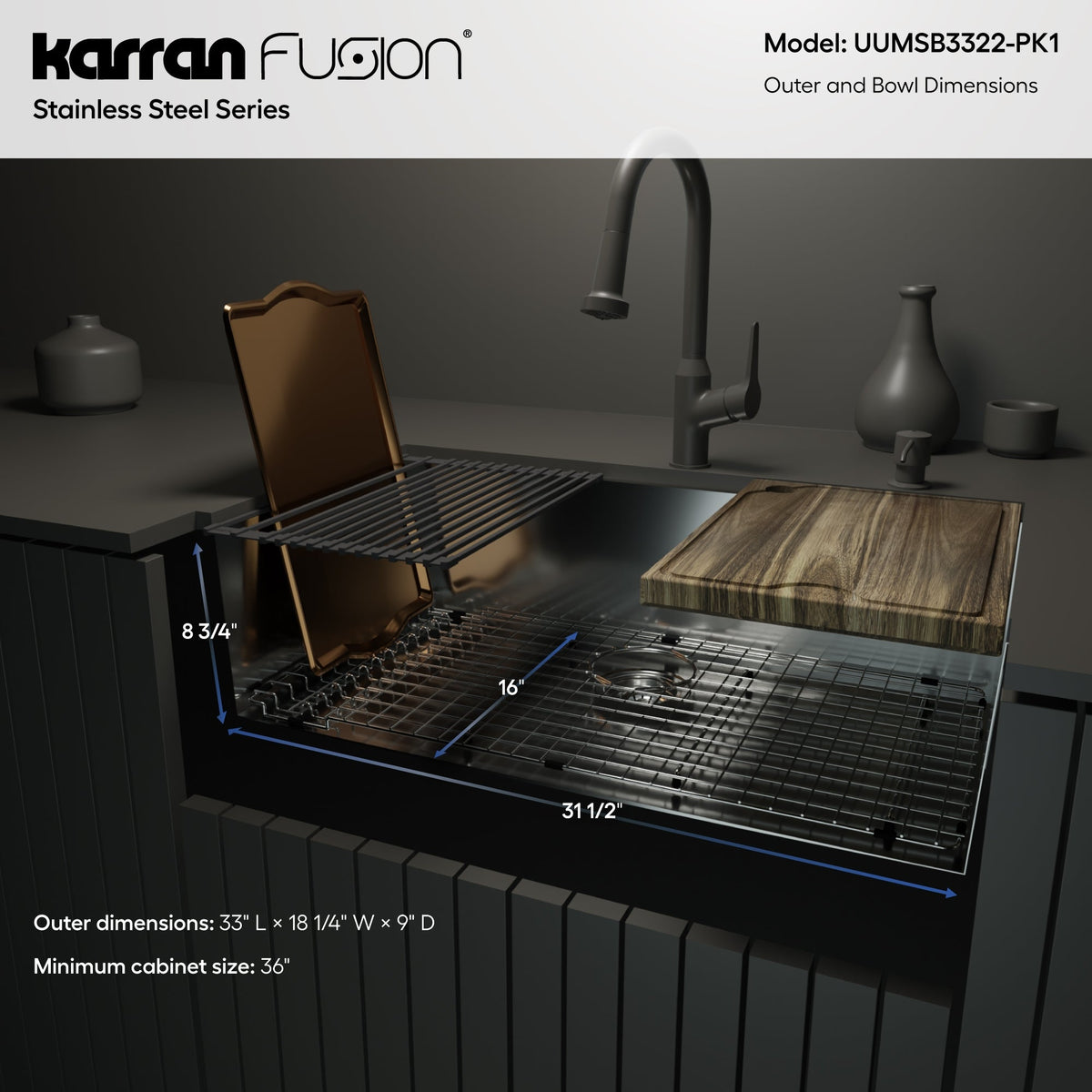 Fusion 33" Undermount Workstation 18 Gauge Single Bowl Stainless Steel Sink with Accessories