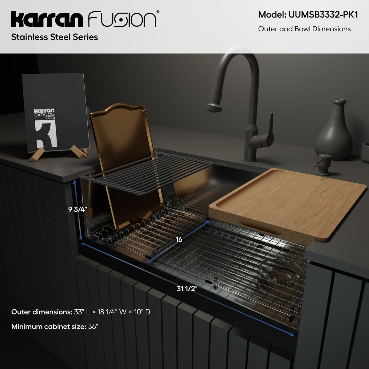 Fusion 33" Undermount Workstation 16 Gauge Single Bowl Stainless Steel Sink with Accessories