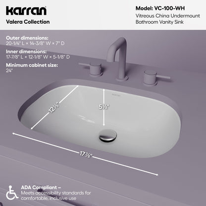 Valera 20" Oval Undermount Vitreous China Bathroom Sink In White