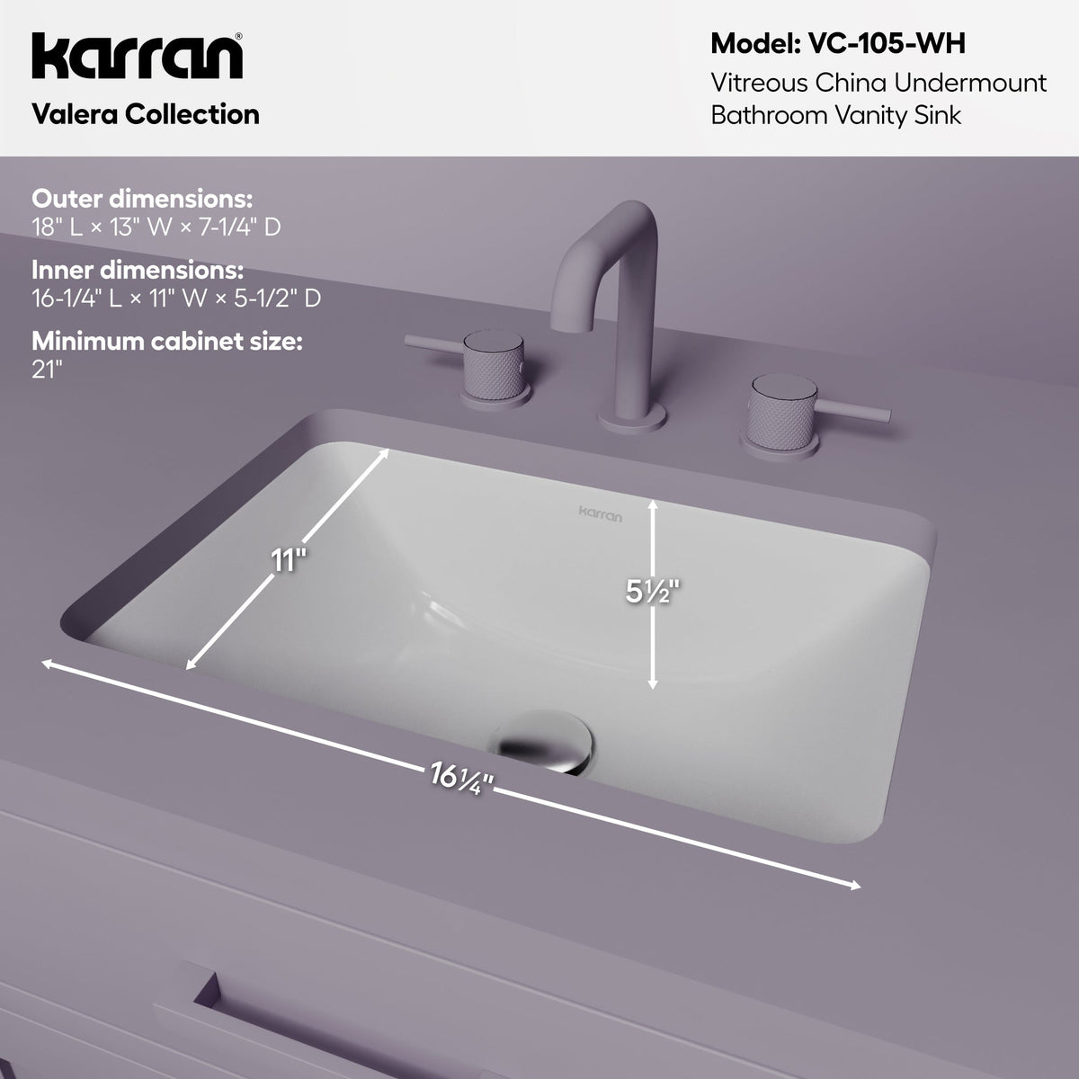 Valera 18" Rectangular Undermount Vitreous China Bathroom Sink In White