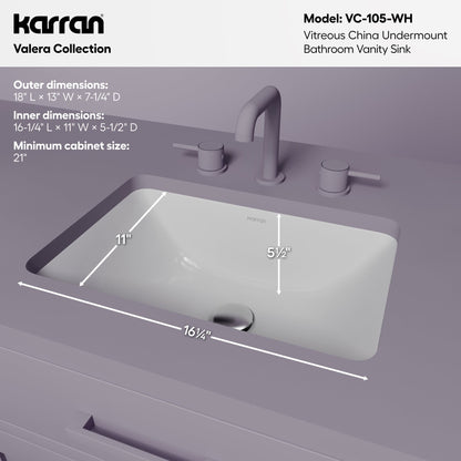 Valera 18" Rectangular Undermount Vitreous China Bathroom Sink In White