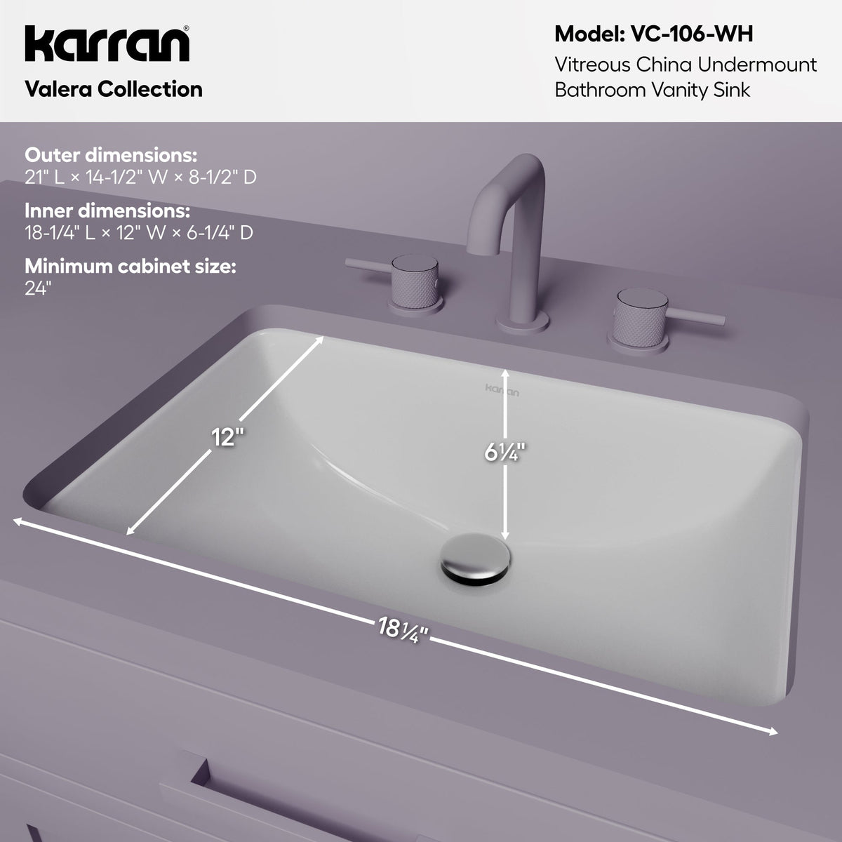 Valera 21" Rectangular Undermount Vitreous China Bathroom Sink In White