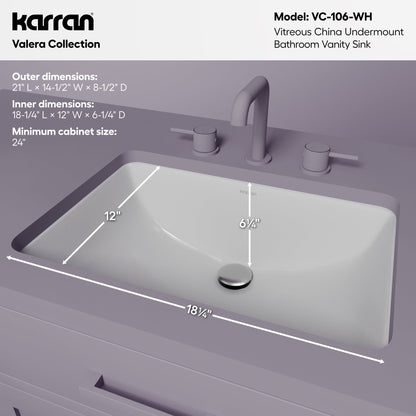 Valera 21" Rectangular Undermount Vitreous China Bathroom Sink In White