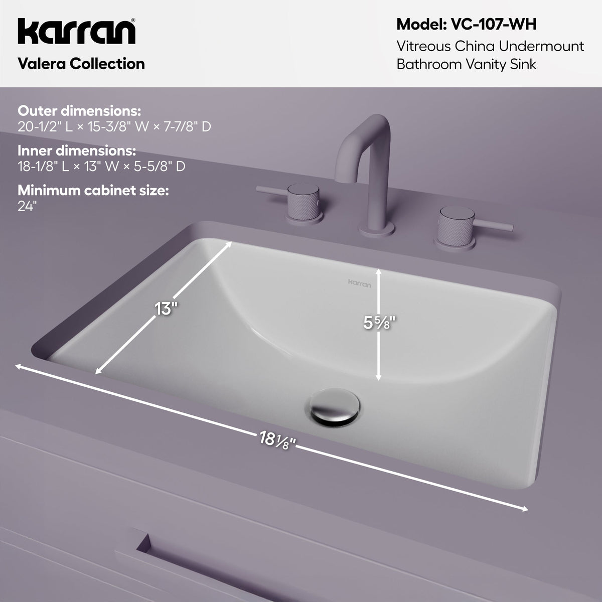 Valera 21" Rectangular Undermount Vitreous China Bathroom Sink In White
