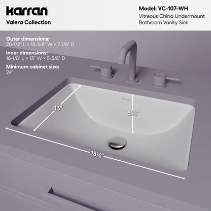 Valera 21" Rectangular Undermount Vitreous China Bathroom Sink In White