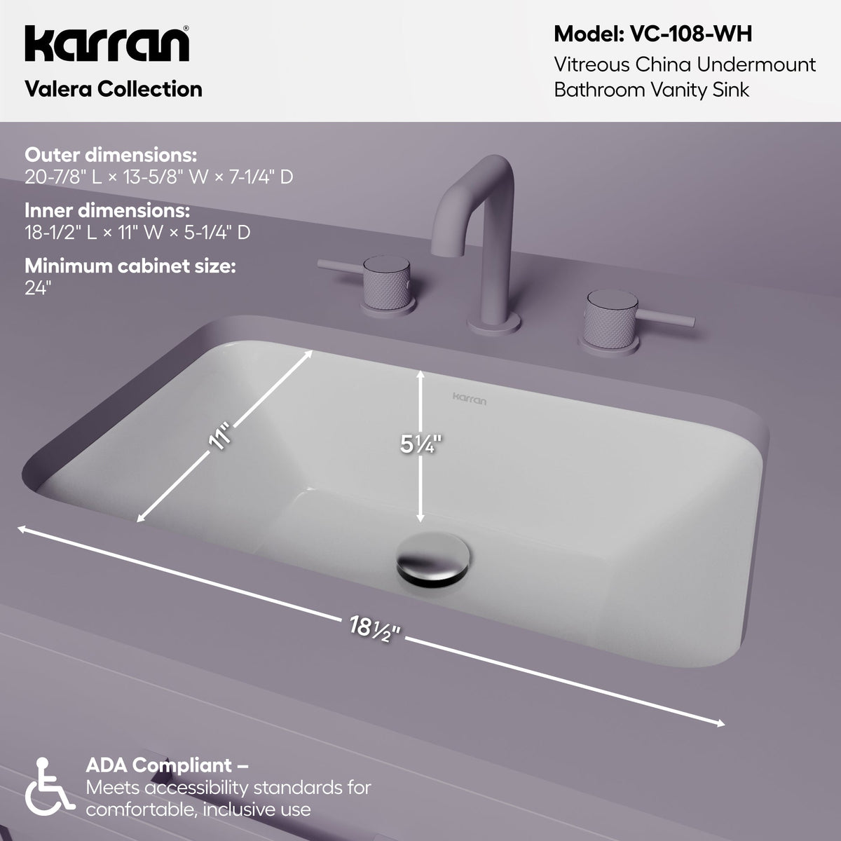 Valera 21" Rectangular Undermount Vitreous China Bathroom Sink In White