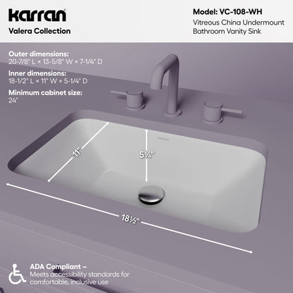 Valera 21" Rectangular Undermount Vitreous China Bathroom Sink In White