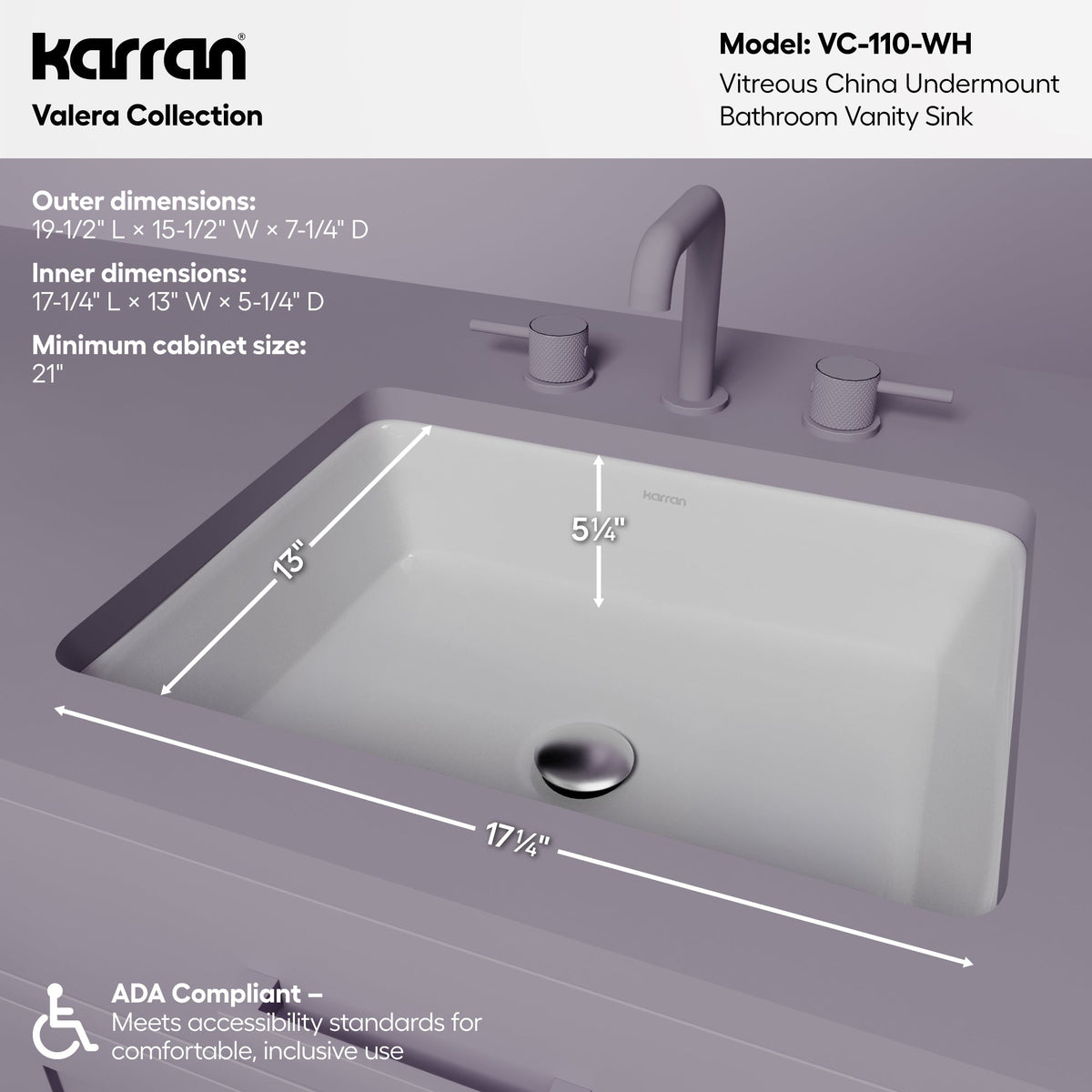 Valera 20" Rectangular Undermount Vitreous China Bathroom Sink In White