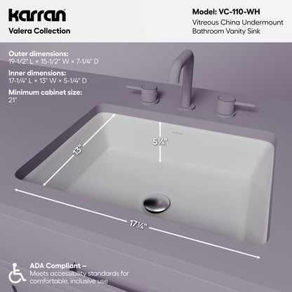 Valera 20" Rectangular Undermount Vitreous China Bathroom Sink In White