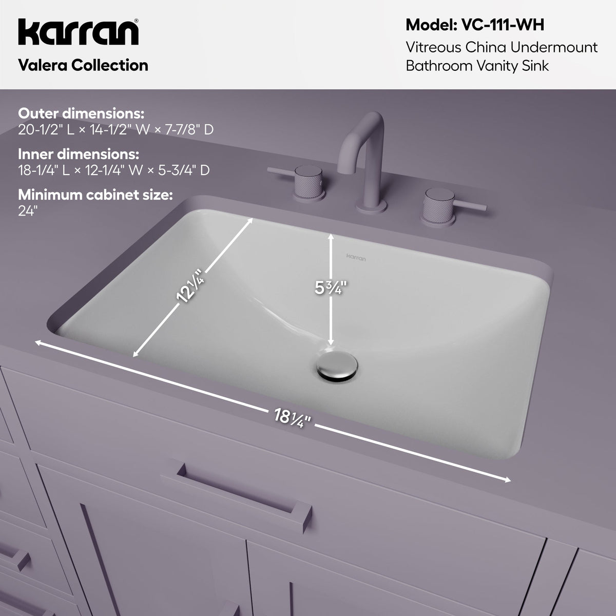 Valera 21" Rectangular Undermount Vitreous China Bathroom Sink In White