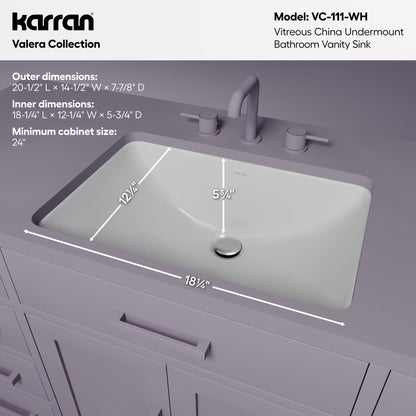 Valera 21" Rectangular Undermount Vitreous China Bathroom Sink In White