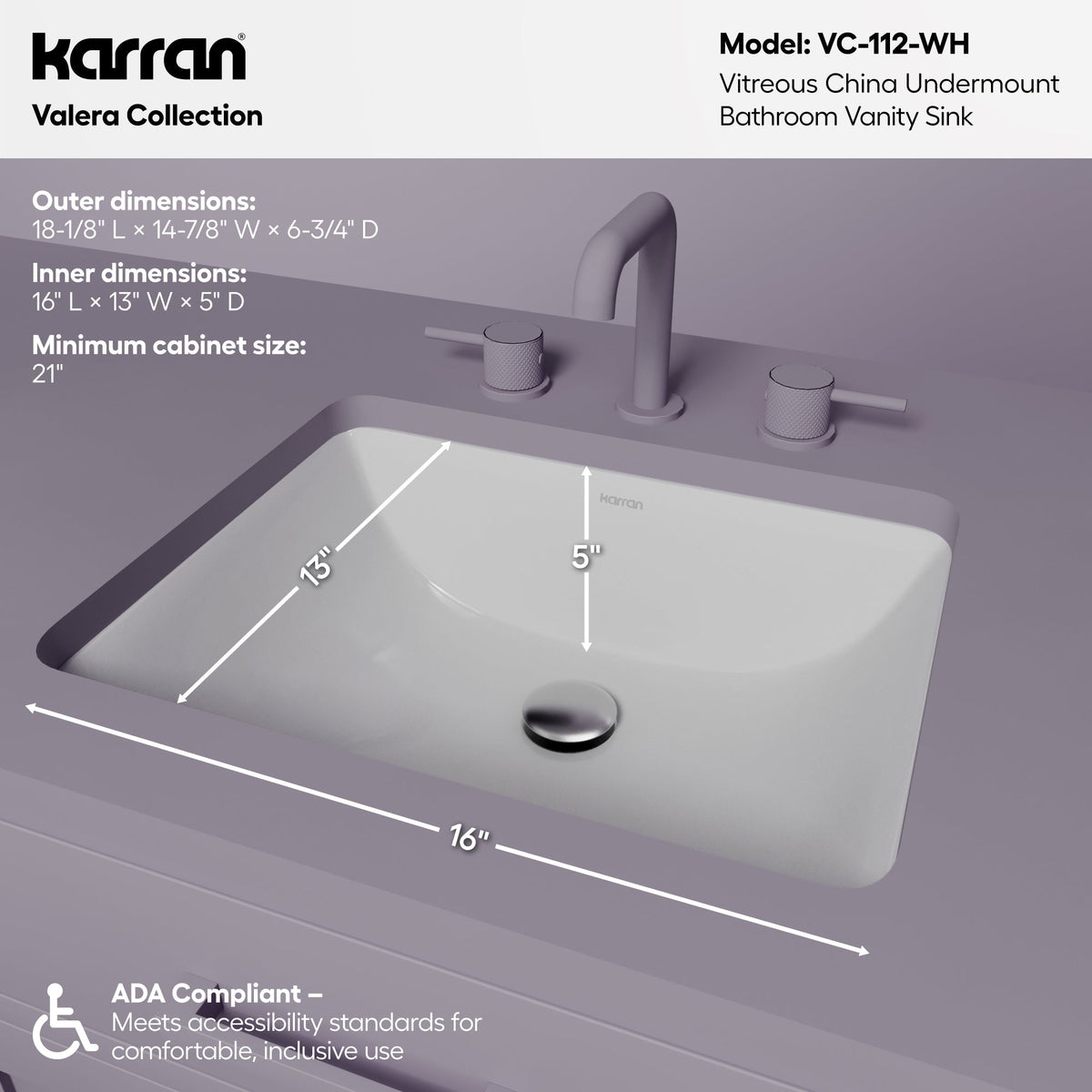 Valera 18" Rectangular Undermount Vitreous China Bathroom Sink In White