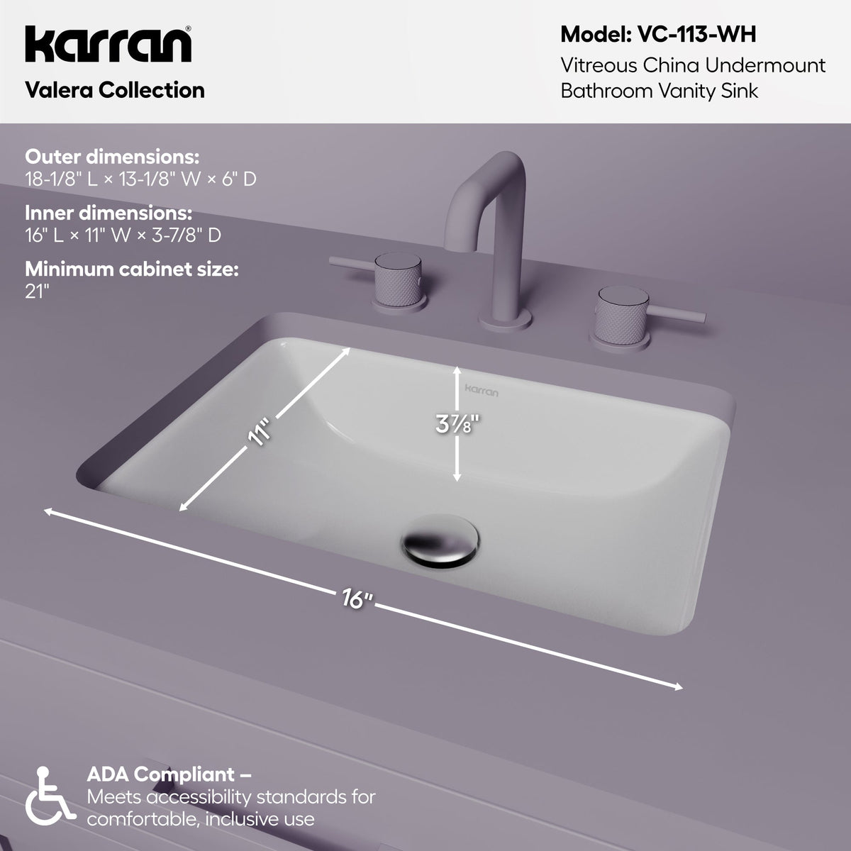 Valera 18" Rectangular Undermount Vitreous China Bathroom Sink In White