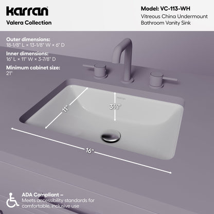 Valera 18" Rectangular Undermount Vitreous China Bathroom Sink In White