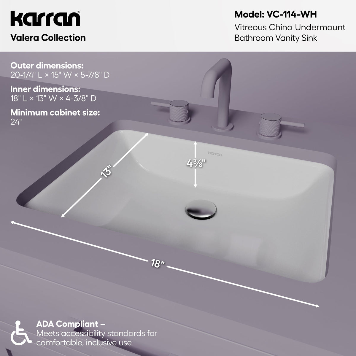 Valera 20" Rectangular Undermount Vitreous China Bathroom Sink In White